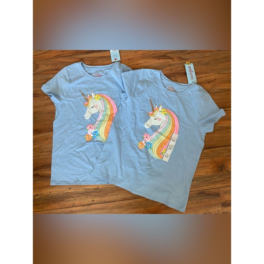 Cat & Jack Light Blue Girls' Unicorn Rainbow Tee *2